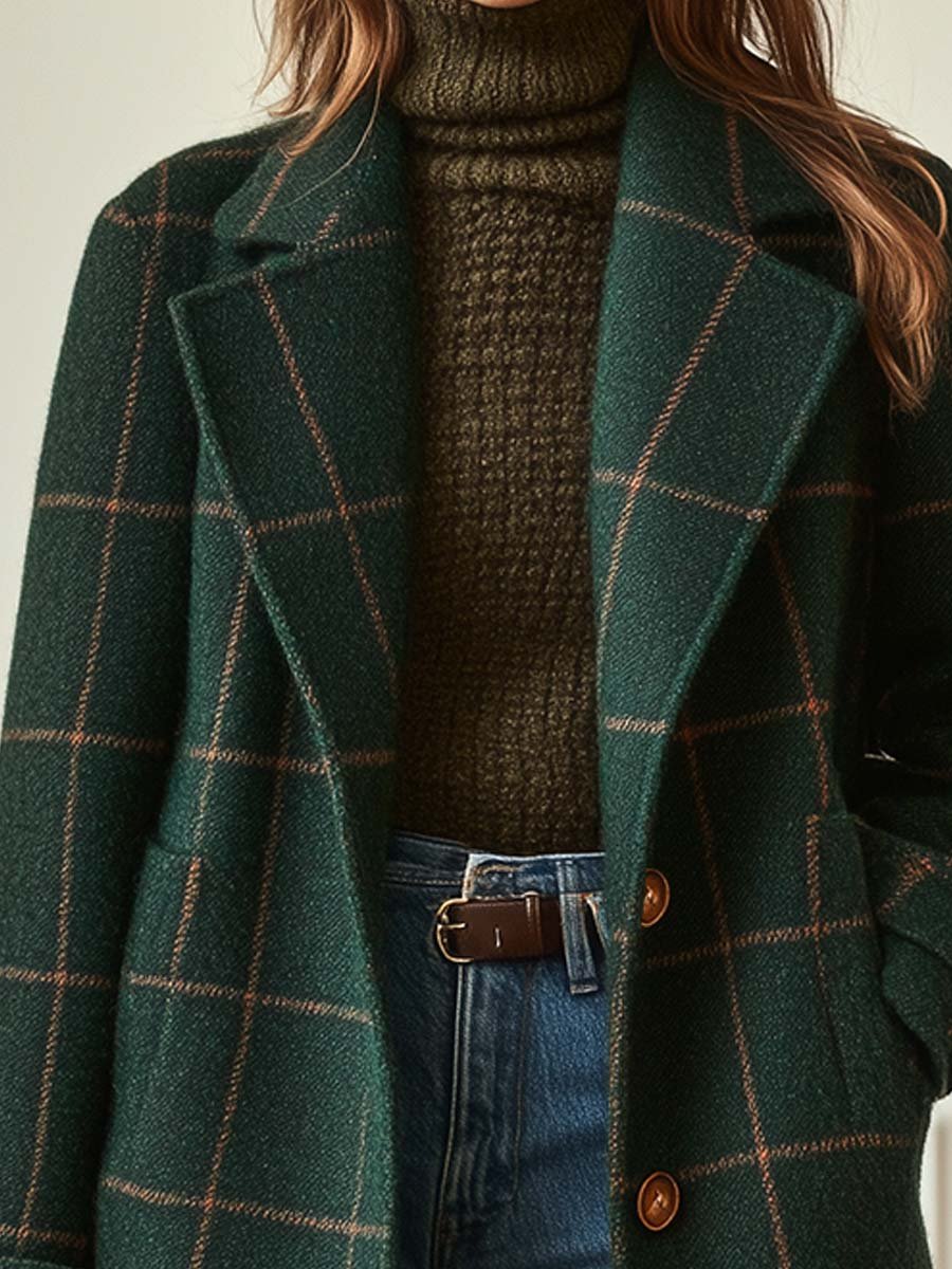 Manteau tweed à carreaux et revers rétro pour femme
