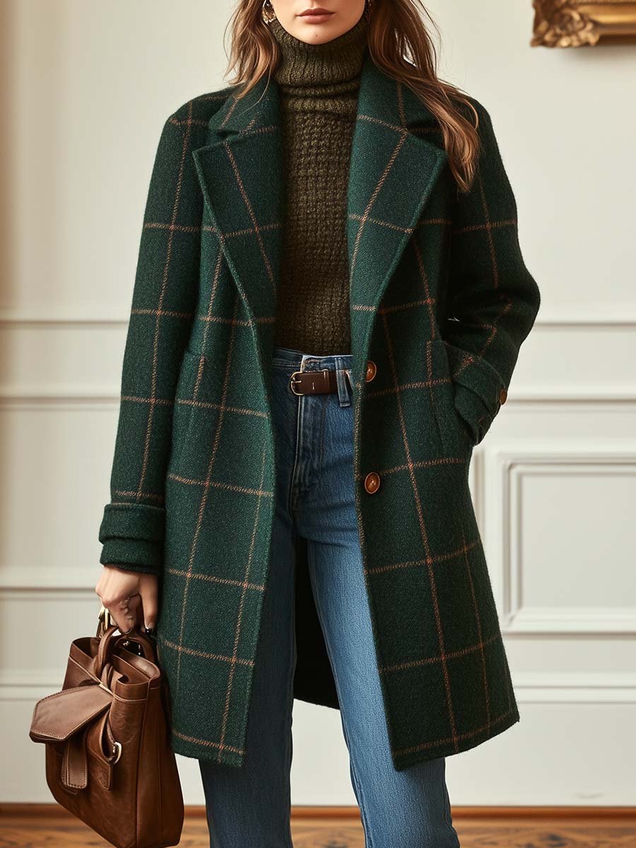 Manteau tweed à carreaux et revers rétro pour femme