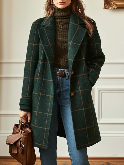 Manteau tweed à carreaux et revers rétro pour femme